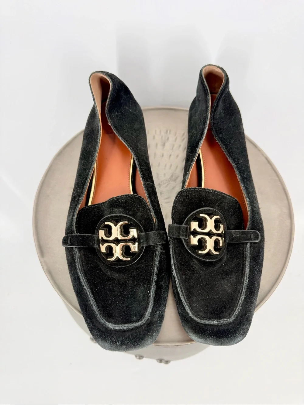 Tory Burch Black Suede Logo Loafers Gold Hardware Women’s Size 9.5